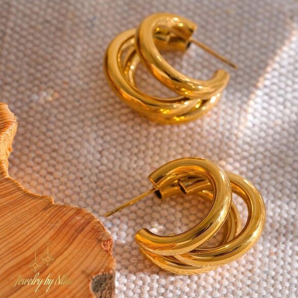 NEW 14K Yellow Gold Trifinity Boho Multi Hoop Statement Luxury Stud Earrings - Picture 2 of 10